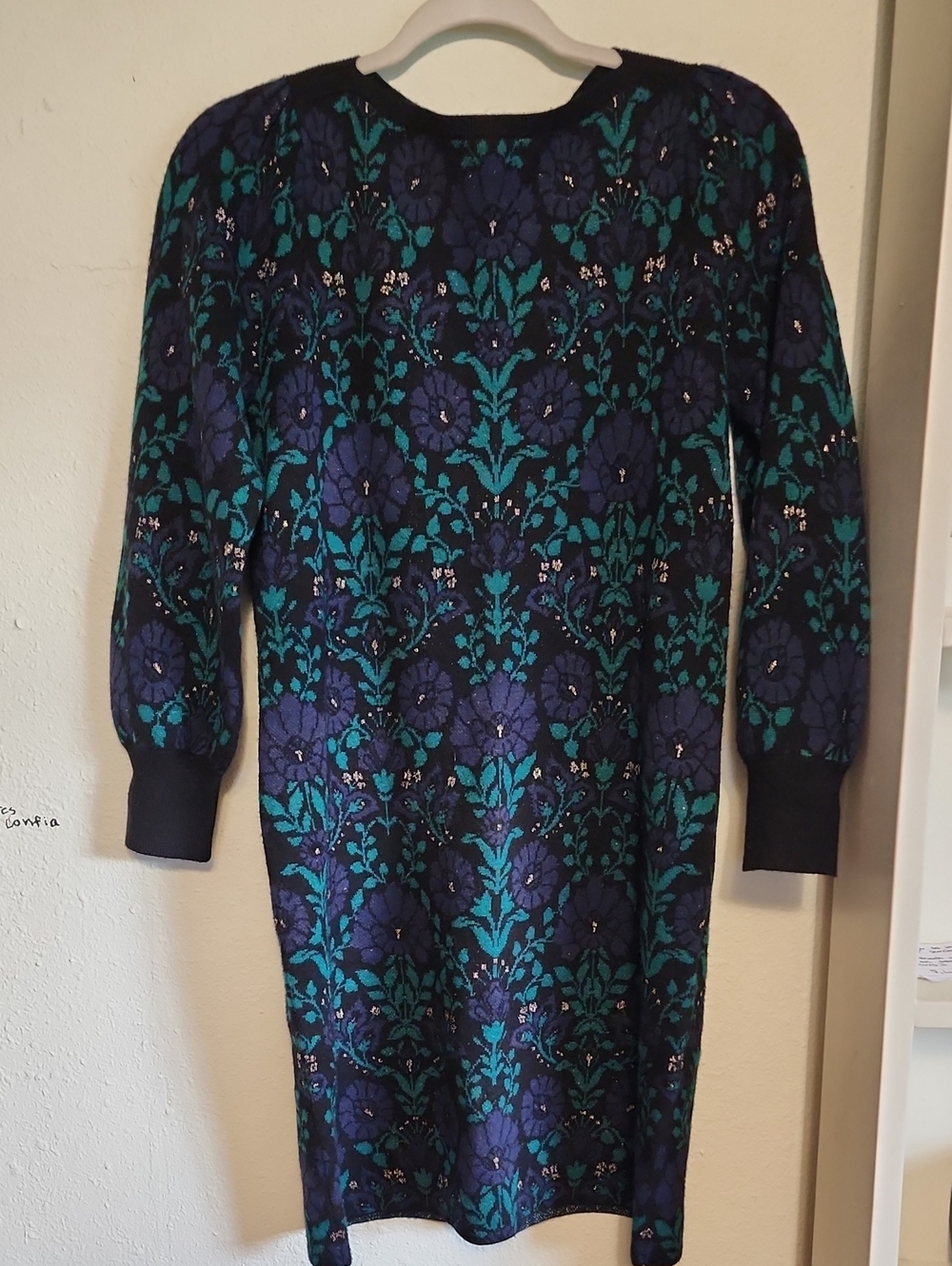 Ann Taylor Navy and Teal Floral Knit Long-Sleeve Knee High Dress